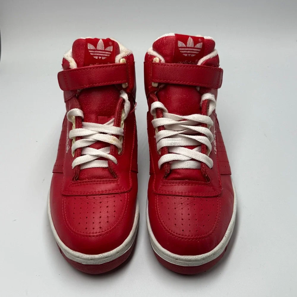 Vintage 1980s Adidas High Top Sneakers Red Leather Trefoil Strap Shoes Size US 6
